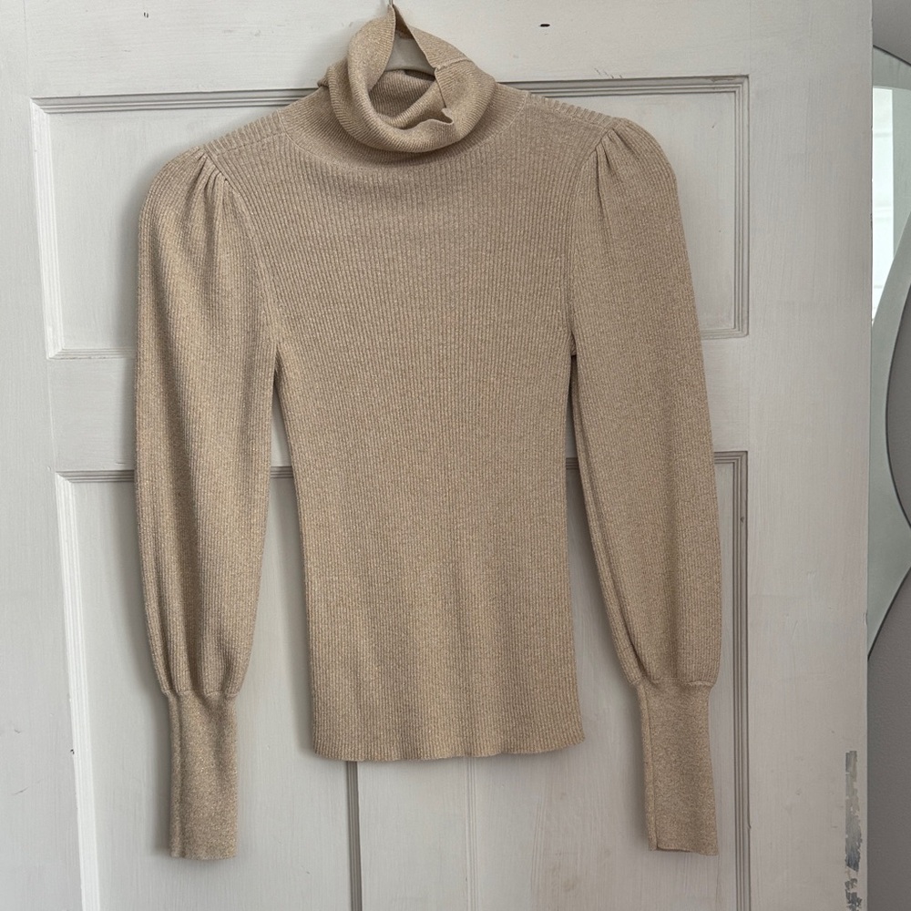 Ann Taylor Factory Beige Ribbed Turtleneck Sweater with Puff Sleeves